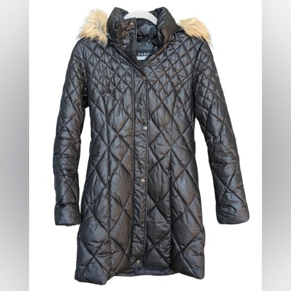 EUC GUESS black quilted midi length faux fur trim removable hidden zip hood side